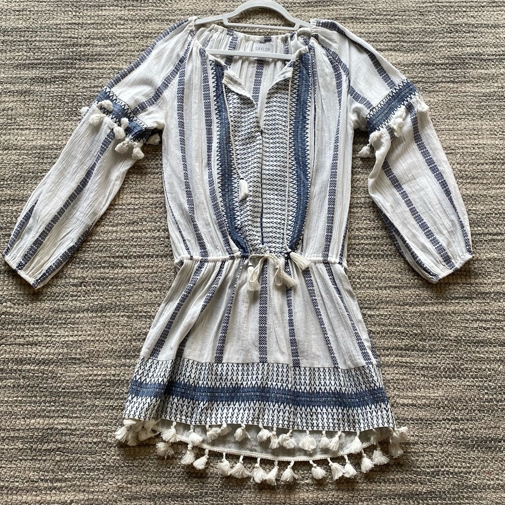 Drawstring Blue and White Cotton Dress